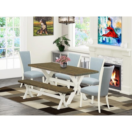 East West Furniture 6 Piece X-Style Dining Room Table Set - Linen White X076VE215-6